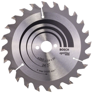 Циркулярен диск Bosch метален HM за рязане на дърво  160x20x2.6 мм, 24 z, Optiline Wood
