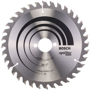 Циркулярен диск Bosch метален HM за рязане на дърво 190x30x2.6 мм, 36 z, Optiline Wood